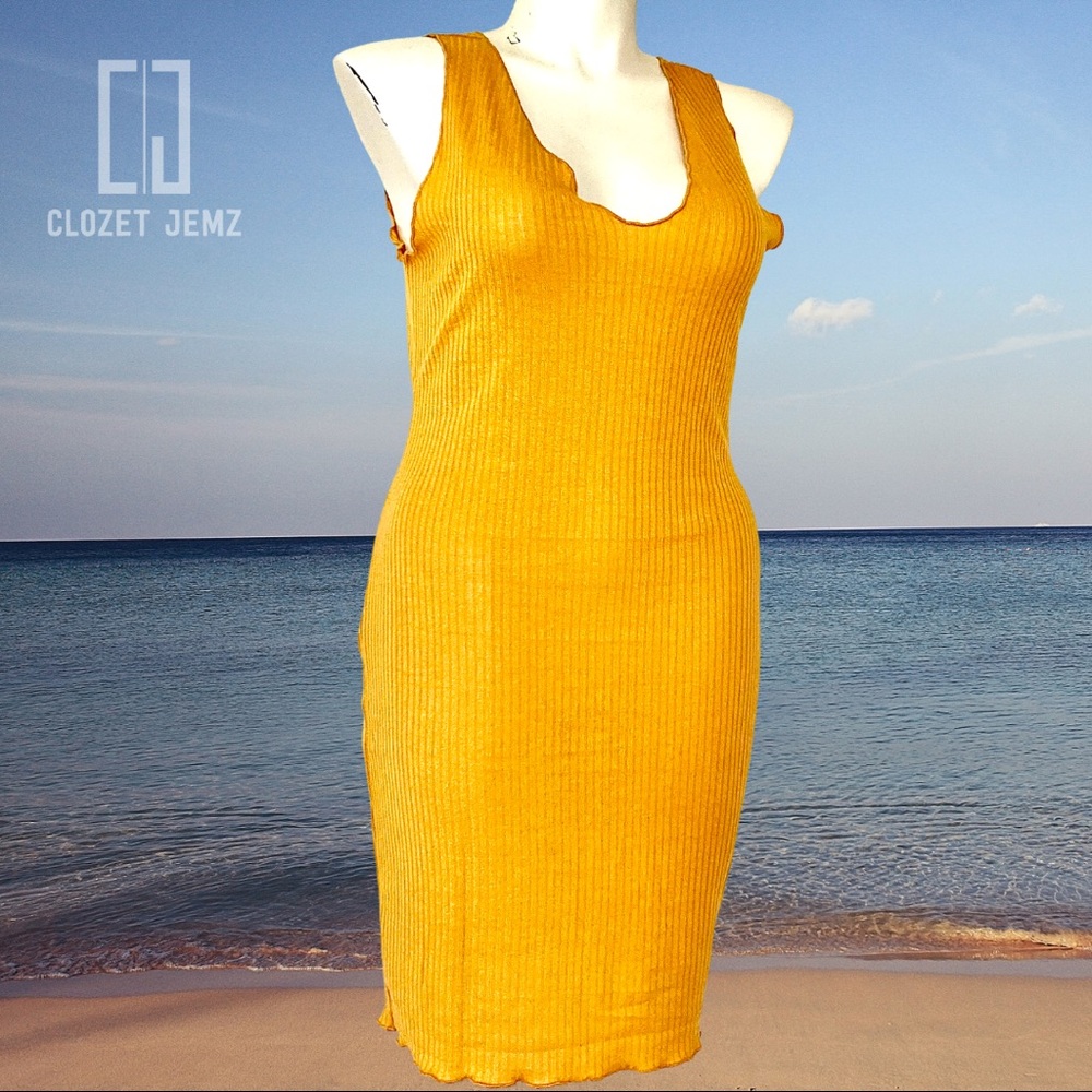 2XL Shein Yellow-Gold Ribbed V-Neck Stretch Dress - NEW